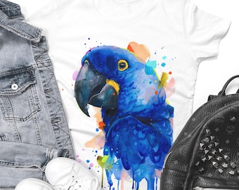 Hyacinth Macaw Parrot  T-shirt, Watercolor Bird Art Print, Graphic Tees, Unisex, Women, Kids models, Cotton 100%, Animal,