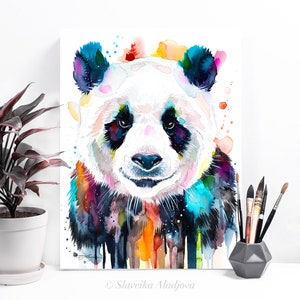 Colourful panda watercolor painting print by Slaveika Aladjova, art, animal, illustration, home decor, Nursery, gift, Wildlife, wall art