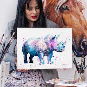 Blue Rhinoceros watercolor painting print by Slaveika Aladjova, art, animal, illustration, home decor, Nursery, gift, Wildlife, wall art