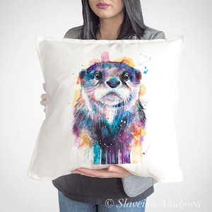 Otter throw pillow cover by Slaveika Aladjova, cushion cover, Decorative Pillow Cover, Animal Art, Watercolor pillow, Christmas gift