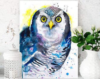 Northern hawk owl watercolor painting print by Slaveika Aladjova, art, animal, illustration, bird, home decor, wall art, gift,