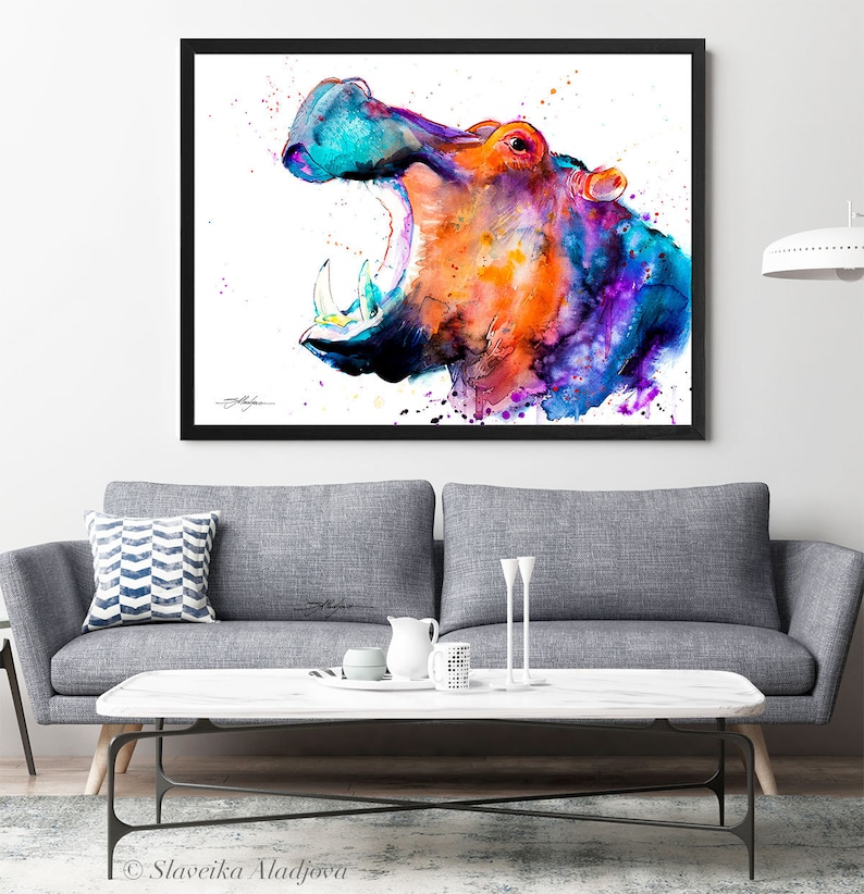 Hippo watercolor painting print by Slaveika Aladjova, art, animal, illustration, home decor, Nursery, African, Wildlife, wall art image 4