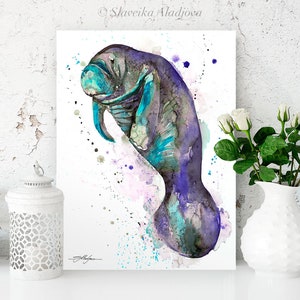 Blue manatee watercolor painting print by Slaveika Aladjova, art, animal, illustration, Sea art, sea life art, home decor, Wall art image 6