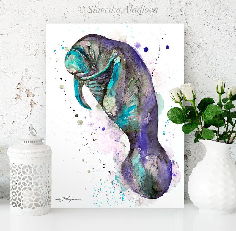 Blue manatee watercolor painting print by Slaveika Aladjova, art, animal, illustration, Sea art, sea life art, home decor, Wall art image 6