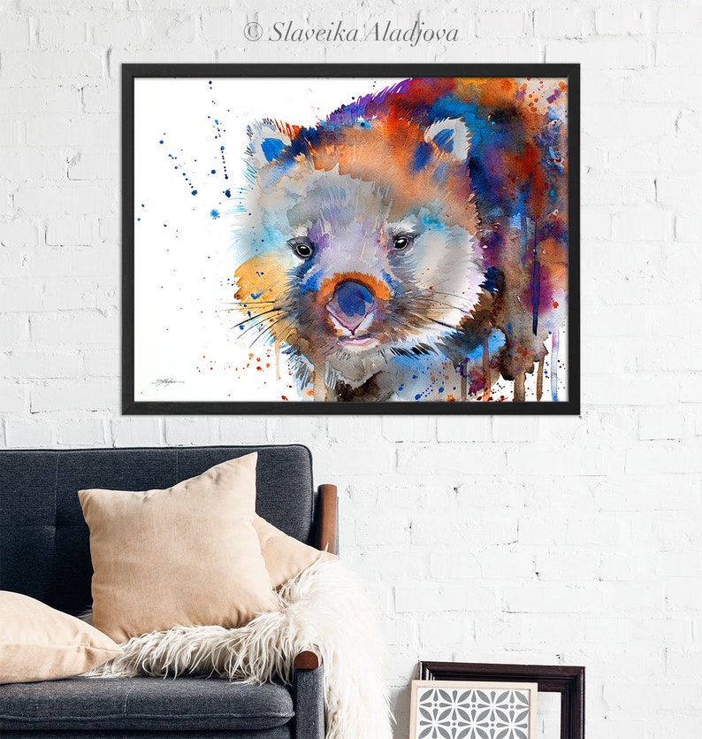 May include: Watercolor painting of a wombat with a blue, orange, and yellow background. The wombat is looking directly at the viewer with a curious expression.