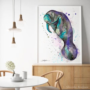 Blue manatee watercolor painting print by Slaveika Aladjova, art, animal, illustration, Sea art, sea life art, home decor, Wall art image 8