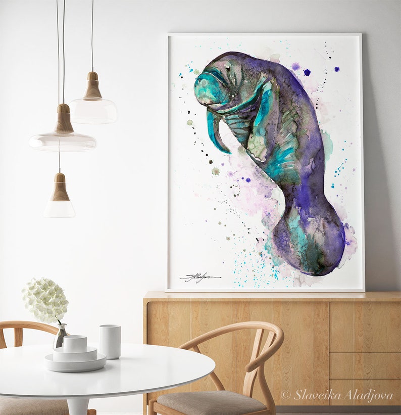 Blue manatee watercolor painting print by Slaveika Aladjova, art, animal, illustration, Sea art, sea life art, home decor, Wall art image 8