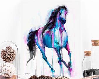 May include: Watercolor painting of a blue and purple horse running with its mane flowing in the wind. The horse is painted in a realistic style with splashes of color.