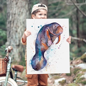 Manatee watercolor painting print by Slaveika Aladjova, art, animal, illustration, Sea art, sea life art, home decor, Wall art