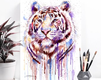 Purple tiger watercolor painting print by Slaveika Aladjova, art, animal, illustration, home decor, Nursery, gift, Wildlife, wall art, cat