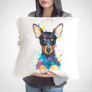 Funda de almohada de tiro Pinscher de Slaveika Aladjova, funda de cojín, funda de almohada decorativa, arte animal, almohada de acuarela de perro, mascota linda
