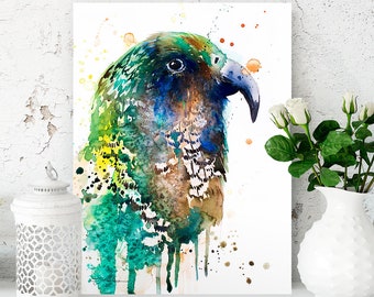 Kea watercolor painting print by Slaveika Aladjova, art, animal, illustration, bird, home decor, wall art, gift, Wildlife