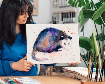Opossum watercolor painting print by Slaveika Aladjova, art, animal, illustration, home decor, Nursery, gift, wall art, Contemporary