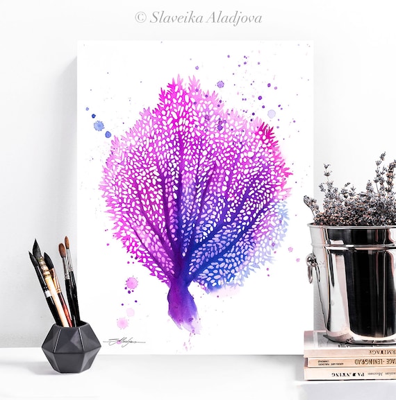 Gorgonia ventalina, Purple sea fan, Coral watercolor painting print by Slaveika Aladjova, art, animal, illustration, Sea art, Nautical art