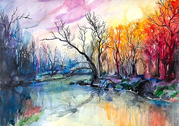 Aquarelle de paysage rivière peinture impression par Slaveika