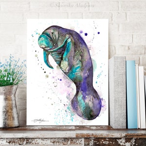 Blue manatee watercolor painting print by Slaveika Aladjova, art, animal, illustration, Sea art, sea life art, home decor, Wall art image 1