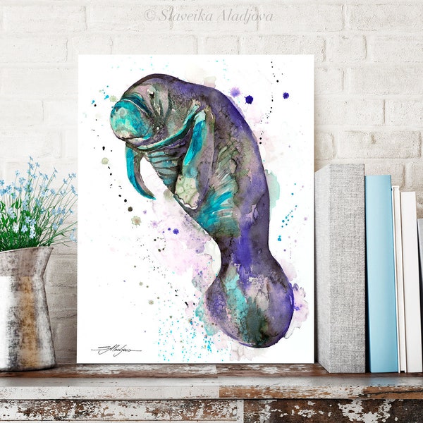 Blue manatee watercolor painting print by Slaveika Aladjova, art, animal, illustration, Sea art, sea life art, home decor, Wall art