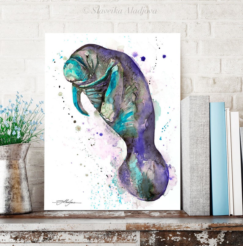 Blue manatee watercolor painting print by Slaveika Aladjova, art, animal, illustration, Sea art, sea life art, home decor, Wall art image 1