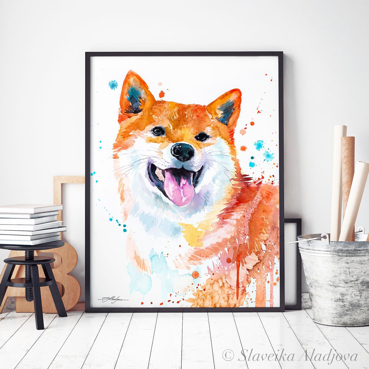 Red Shiba Inu watercolor framed canvas by Slaveika Aladjova | Etsy