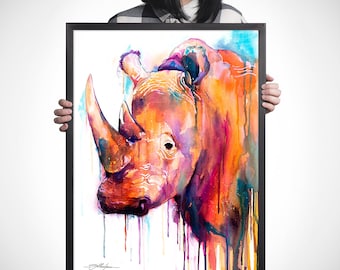 Slaveika Aladjova によるカラフルなサイの水彩画プリント、アート