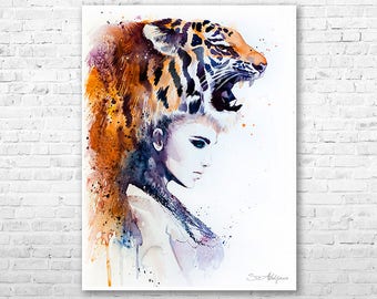 Tiger Girl watercolor painting print by Slaveika Aladjova, Fashion Illustration, Woman art, Illustration, watercolour, wall art, home decor