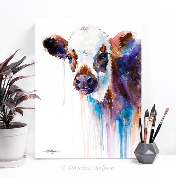 Cow watercolor painting print by Slaveika Aladjova, animal art, illustration,wall art, home decor, gift, Giclee Print, Cow, farm
