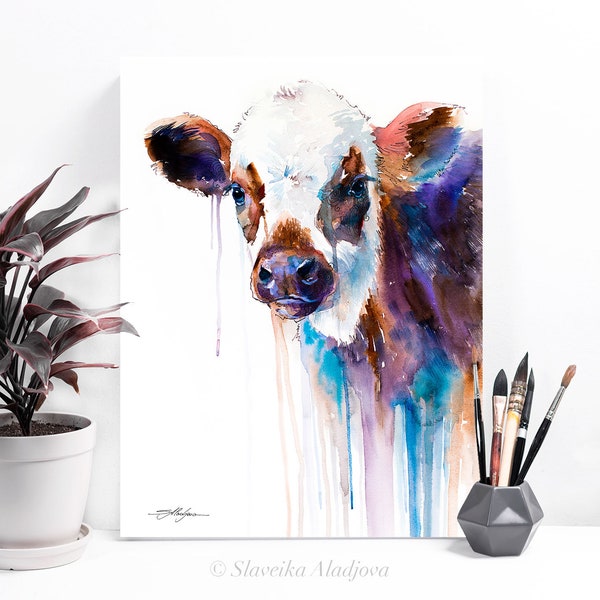 Cow watercolor painting print by Slaveika Aladjova, animal art, illustration,wall art, home decor, gift, Giclee Print, Cow, farm