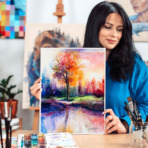 Vibrant Landscape Limited Edition Watercolor Art Print by Slaveika Aladjova Lush Forest and Serene River Scene, Nature art