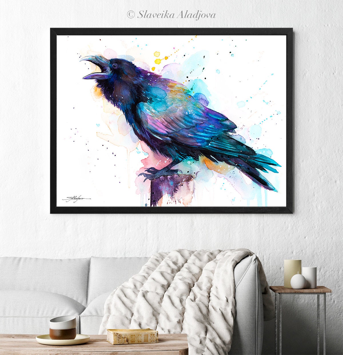 スラヴェイカ・アラジョヴァによるカラスの水彩画プリント、特大
