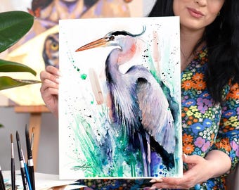 Great blue heron Limited Edition Watercolor Art Print by Slaveika Aladjova, animal, illustration, bird, home decor, wall art, gift, farm