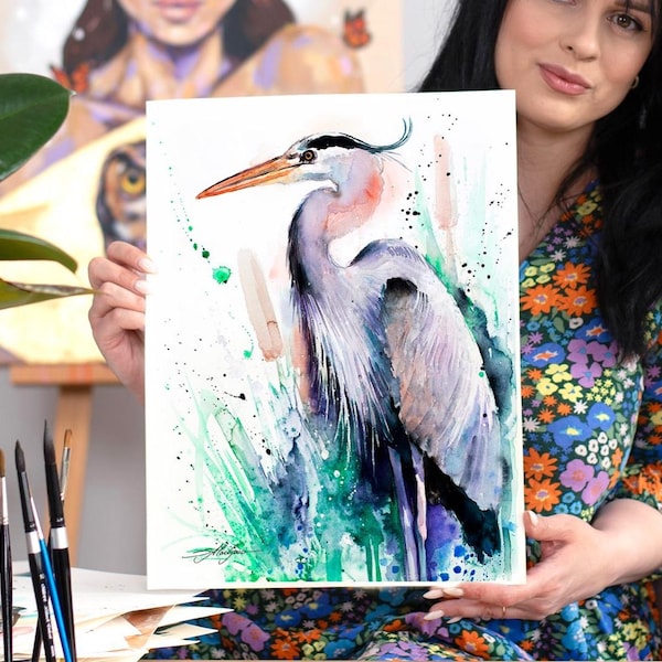 Great blue heron Limited Edition Watercolor Art Print by Slaveika Aladjova, animal, illustration, bird, home decor, wall art, gift, farm