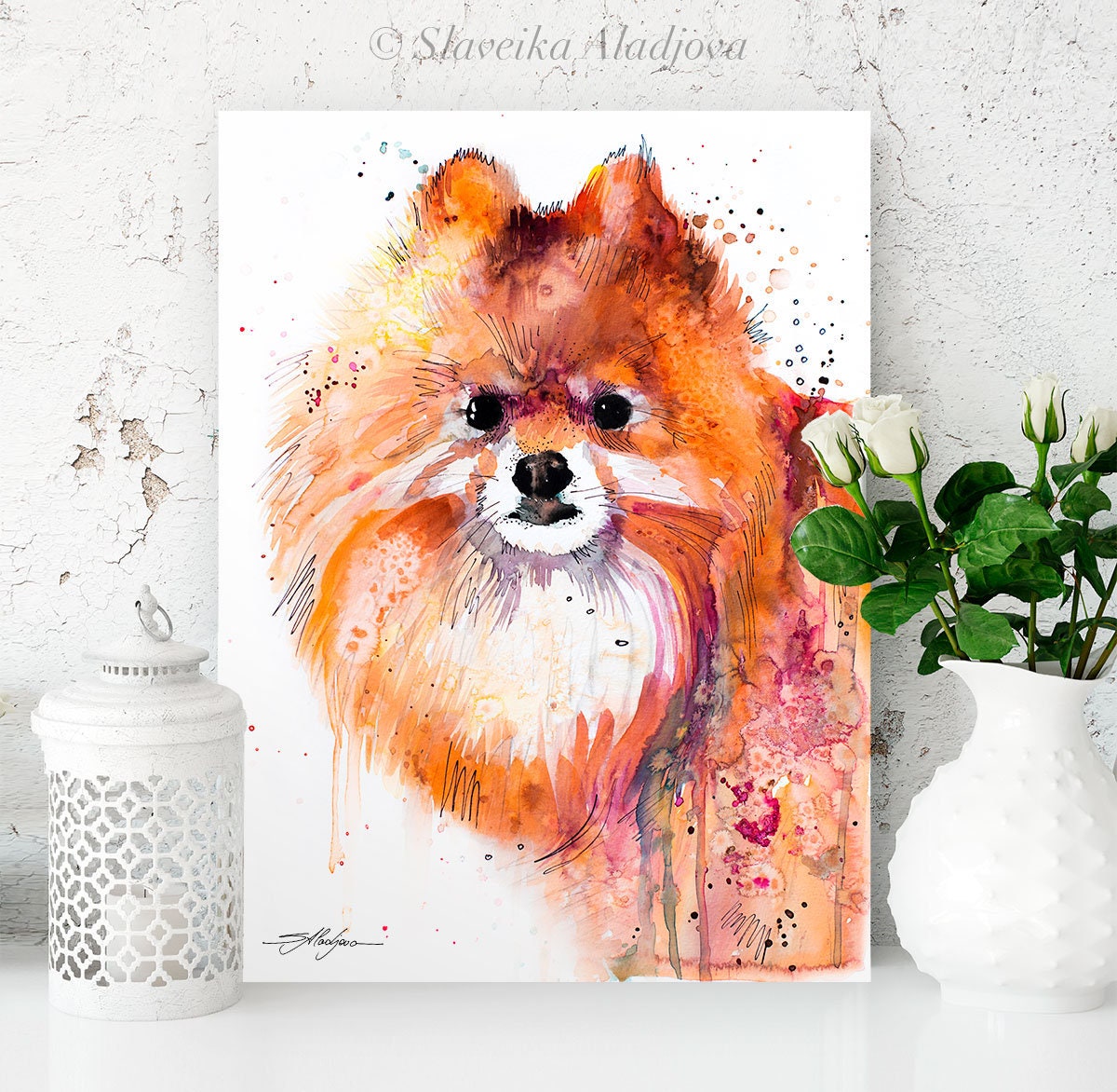 スラベイカ・アラジョワによるポメラニアンの水彩画プリント、動物