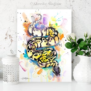 Op de afbeelding: Waterverf schilderij van een gele en zwarte slang met een kleurrijke achtergrond. De slang is opgerold in een spiraal en heeft een zwarte kop. De achtergrond is een mix van blauw, groen, geel, oranje en paars.