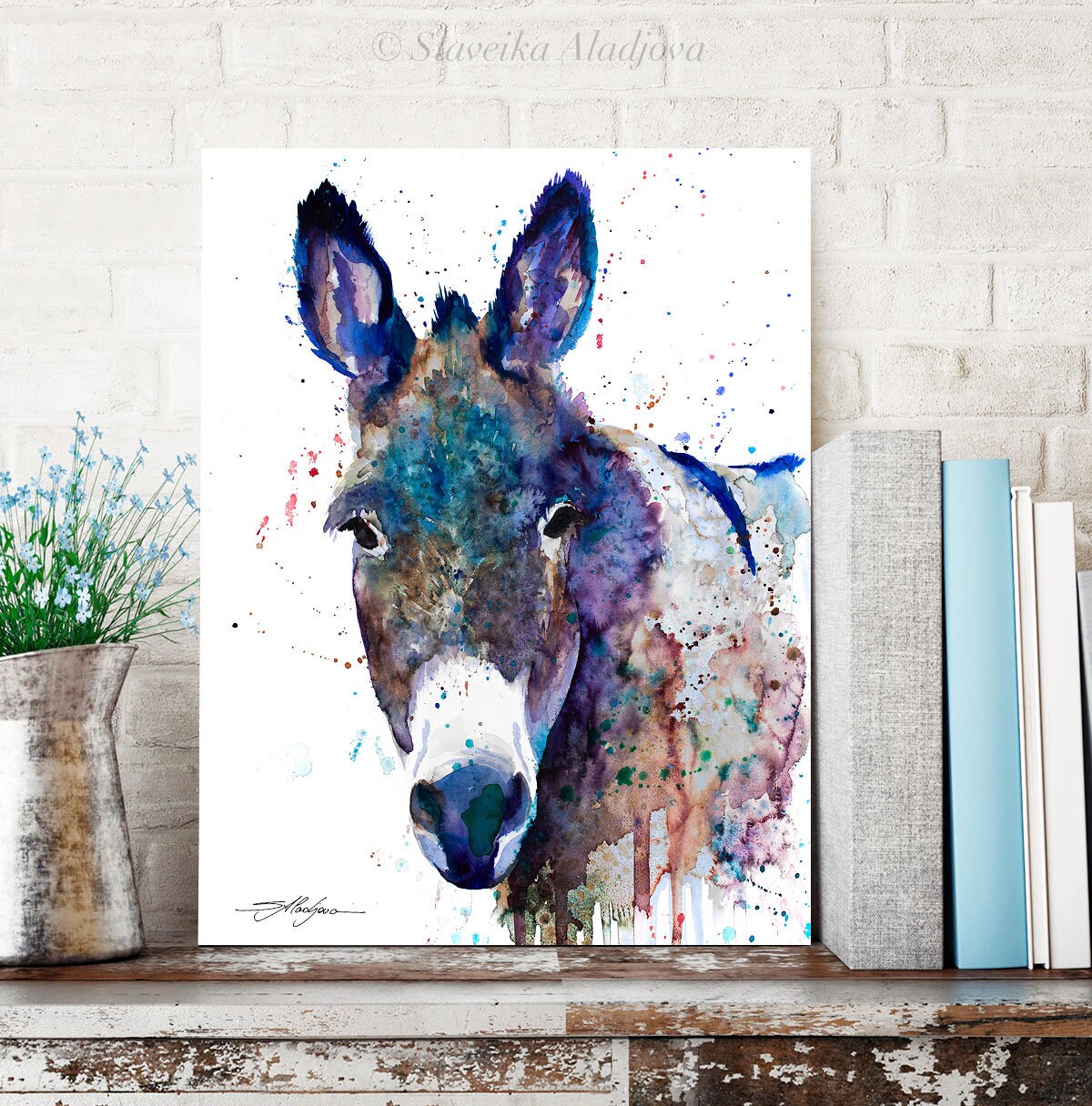 Blue Donkey watercolor painting print by Slaveika Aladjova | Etsy