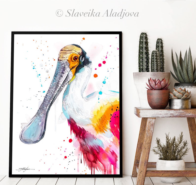 Roseate spoonbill watercolor painting print by Slaveika Aladjova, animal art, illustration, bird, home decor, wall art, portrait, gift image 3