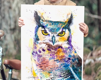 Horned Owl Limited Edition Watercolor Art Print by Slaveika Aladjova, animal, illustration, bird, home decor, Wildlife, Contemporary