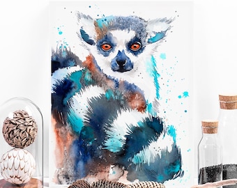 May include: Watercolor painting of a lemur with blue, white, and brown fur. The lemur has orange eyes and is looking directly at the viewer. The background is a light blue with white splatters.