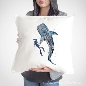 Scuba Diving with Whale Shark throw pillow cover by Slaveika Aladjova, cushion cover, Decorative Pillow Cover, Animal Art, Watercolor pillow