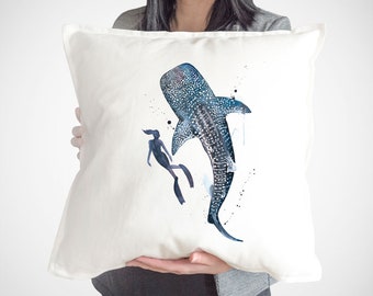 Scuba Diving with Whale Shark throw pillow cover by Slaveika Aladjova, cushion cover, Decorative Pillow Cover, Animal Art, Watercolor pillow