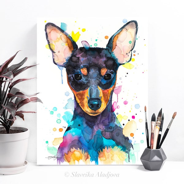 Pinscher, impression de peinture à l'aquarelle de chien par Slaveika Aladjova, illustration d'art, décor à la maison, Contemporain, affiche animale, animal de compagnie mignon,