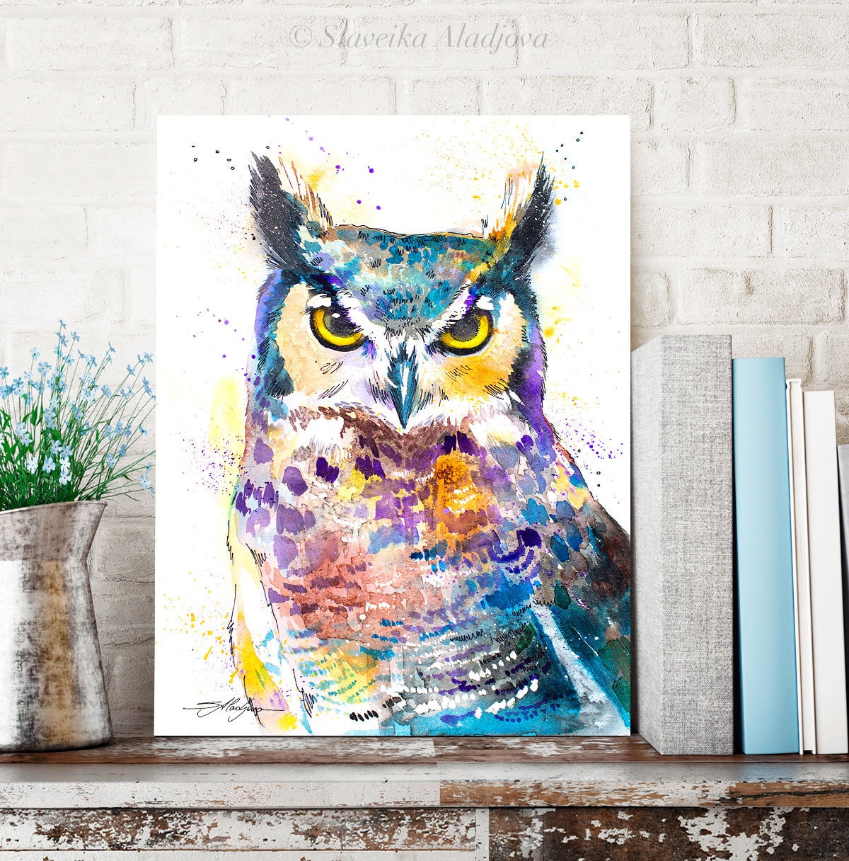 Colorful, Decorative, Large Owl Watercolor Painting