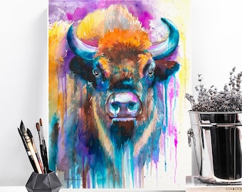 May include: Watercolor painting of a bison with a colorful background. The bison is brown with a blue and purple watercolor wash. The background is a mix of purple, pink, and yellow.
