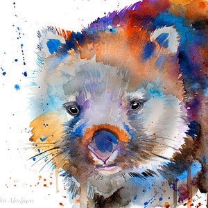 May include: Watercolor painting of a wombat with blue, purple, orange, and brown hues. The wombat is looking directly at the viewer with a curious expression. The background is a white canvas with splatters of blue and orange paint.