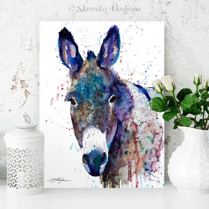Blue Donkey Watercolor Painting Print by Slaveika Aladjova, Art, Animal ...