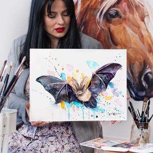 Townsend&#39;s big-eared bat  watercolor painting print by Slaveika Aladjova, art, animal, illustration, home decor, wall art, Contemporary