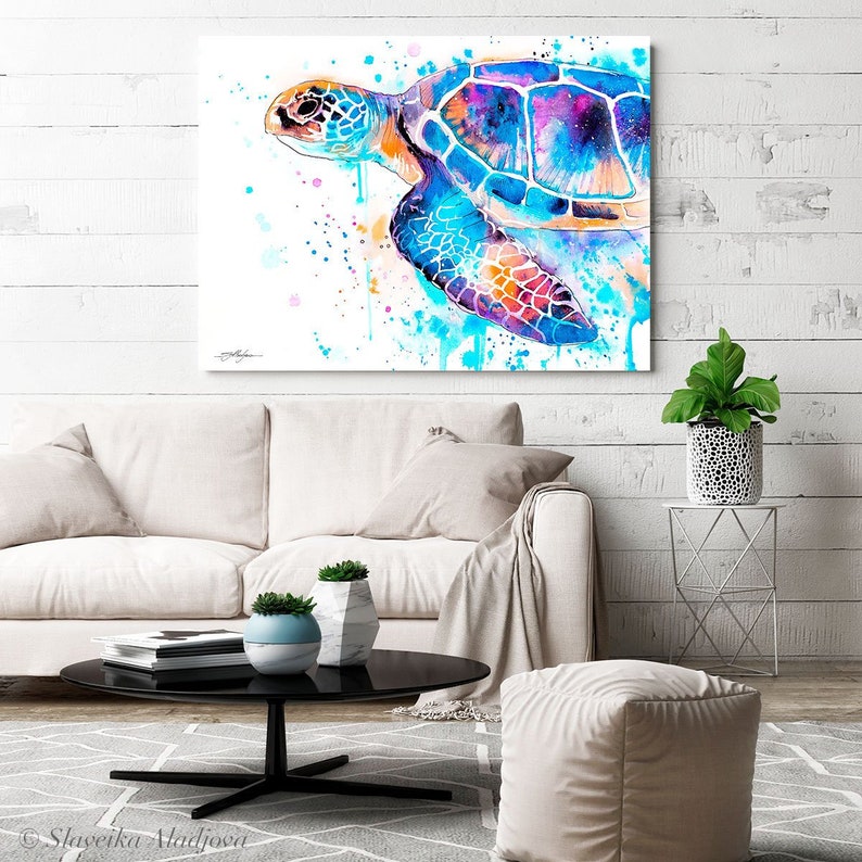 Blauwe zeeschildpad aquarel schilderij afdrukken door Slaveika Aladjova, kunst, dier, illustratie, zeekunst, zeeleven kunst, home decor, kunst aan de muur afbeelding 3