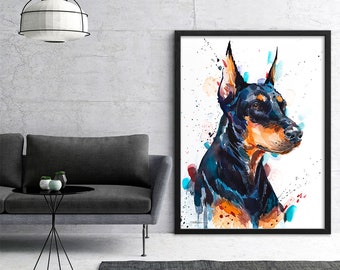 スラヴェイカ・アラジョヴァ作「ドーベルマン犬」限定版水彩画アート