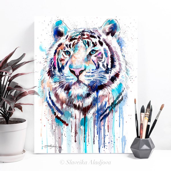 Impression de peinture à l'aquarelle de tigre blanc par Slaveika Aladjova, art, animal, illustration, décor à la maison, pépinière, cadeau, faune, art mural