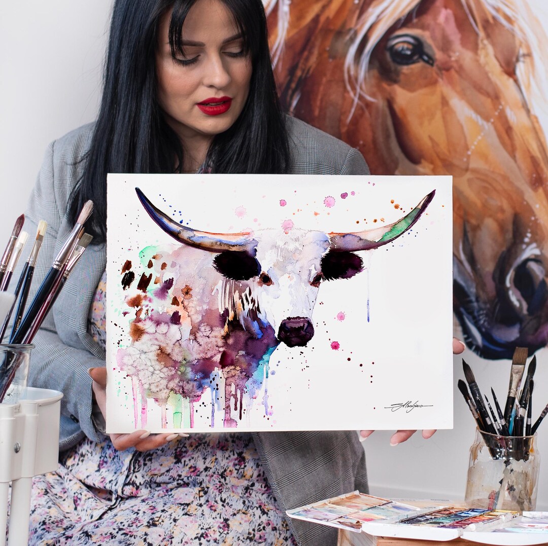 Longhorn Watercolor Painting Print by Slaveika Aladjova, Animal Art ...
