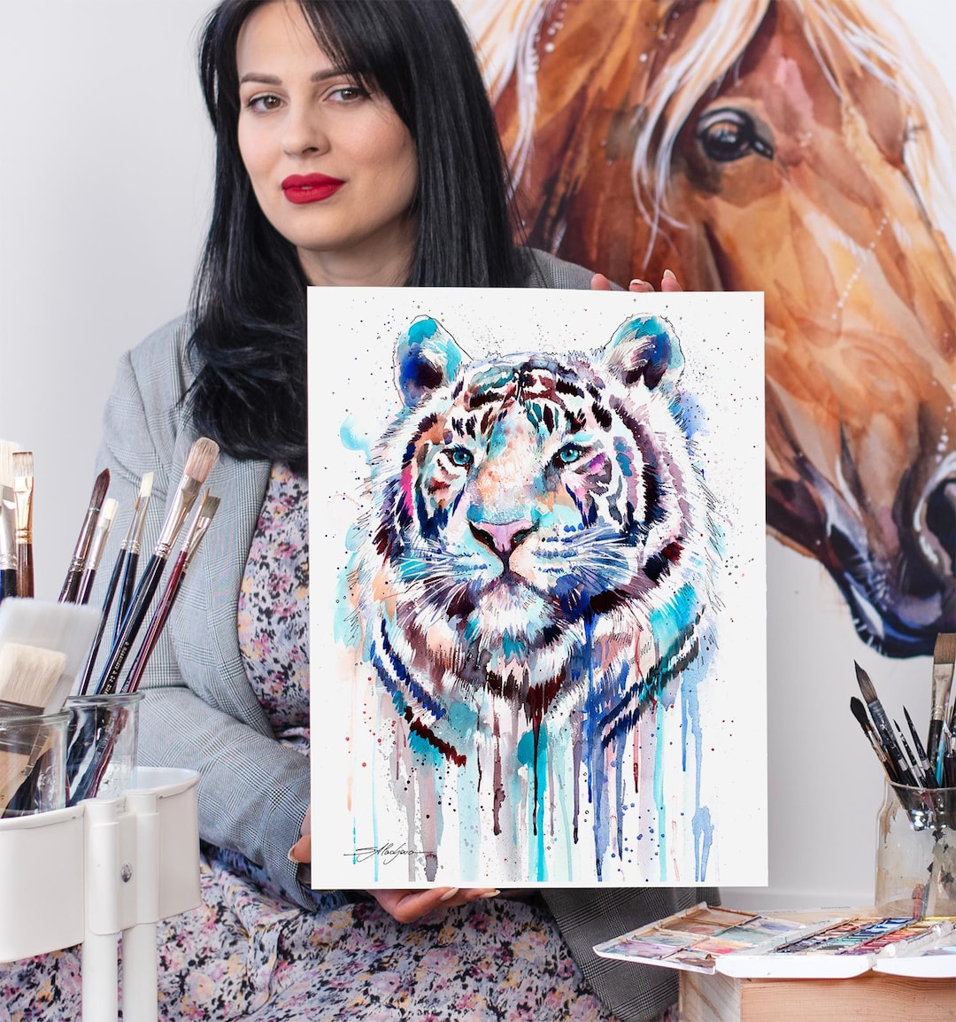 Slaveika Aladjova によるホワイト タイガーの水彩画プリント、アート